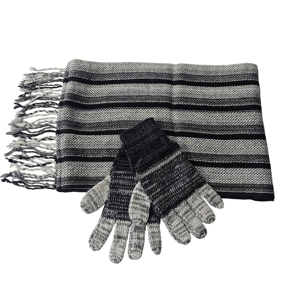 Jalsu Uma Alpaca Scarf and Gloves Set OS Black Gray Striped Artisan Bohemian